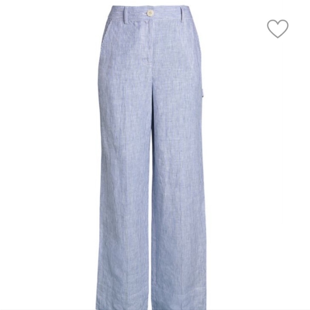 THEORY Carpenter Pants Linen Stripe Blue and White Wide Leg - Picture 4 of 10